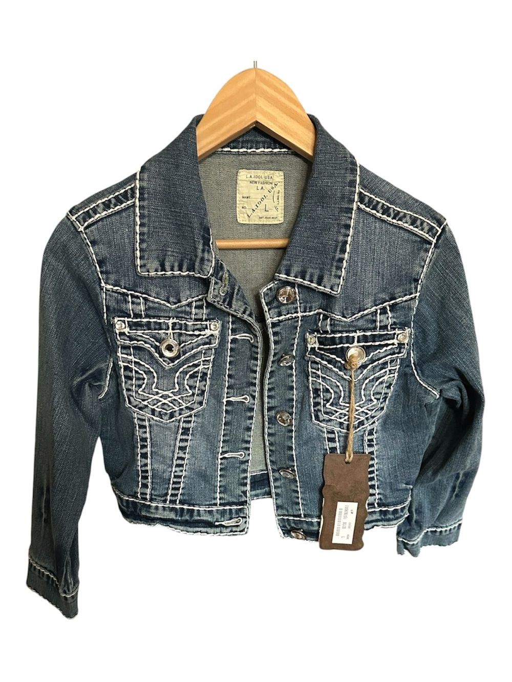 L.A. idol Cropped Denim Jacket with White Stitching and Jeweled Buttons- NWT L